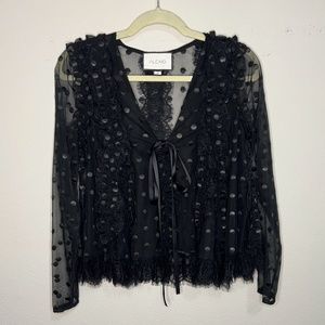 Alexis Black Polkadot Lace Ruffle Embroidered Mesh/Sheer Blouse